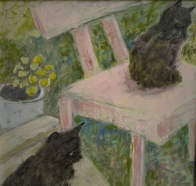 Joyce Gunn Cairns
Black Cats and Pink Chair
oil  on board 50 x 50 cm
£895