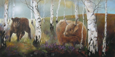HIghland Cattle in a Birch Wood
oil on gesso board 30 x 60 cm
£850