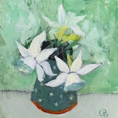 Delicate White Daffodils in a Spotted Jug
acrylic on canvas panel  15 x 15 cms
£325